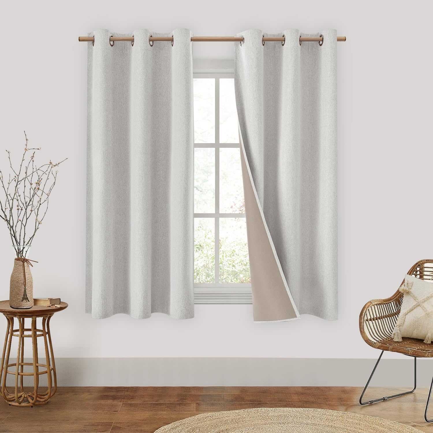 HOMEIDEAS 100% Blackout Curtains 42 X 63 Inches Length 2 Panels Ivory Linen Curtains Cream Room Darkening Curtains Thermal Insul
